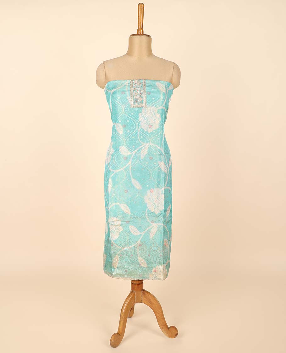 Turquoise material chudidhar set, floral print & embroidered top, plain bottom & floral print dupatta