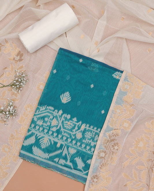 Blue chudidhar material set, ikkat floral design top , plain bottom & floral design dupatta