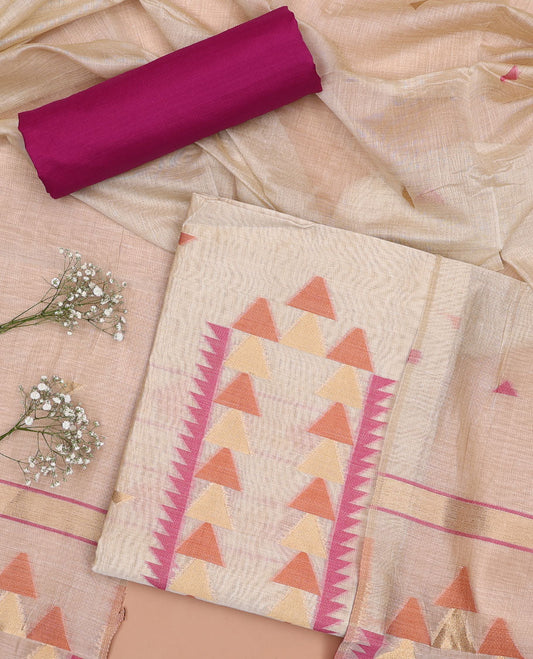 Cream chudidhar material set, geometric design top , pink plain bottom & geometric design dupatta