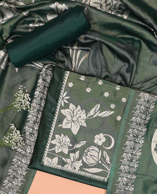 Bottle green chudidhar material set floral design top, plain bottom & floral design dupatta