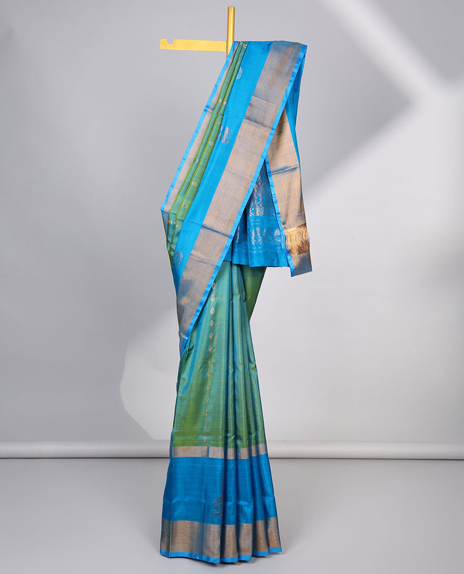 Green striped floral design uppada silk saree with contrast zari border & jaal design pallu