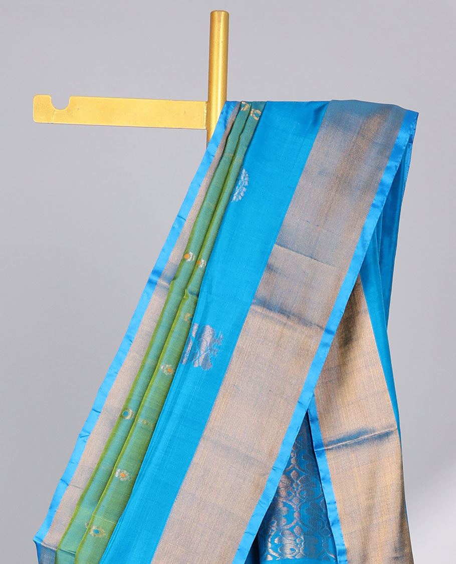 Green striped floral design uppada silk saree with contrast zari border & jaal design pallu