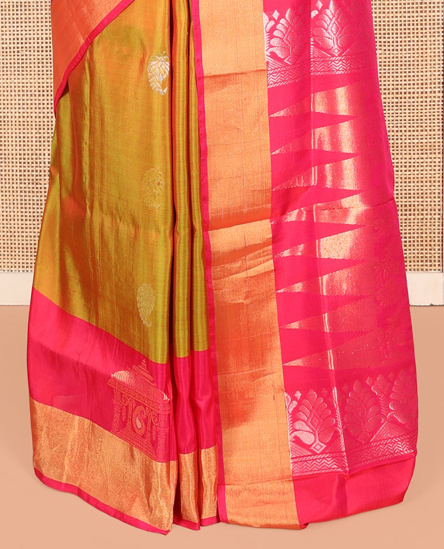 Mustard Uppada Silk Saree, Embellished with Buttas, a Contrast Temple and Gopuram Border, Pallu of Temple and Floral Designs, and a Contrast Blouse