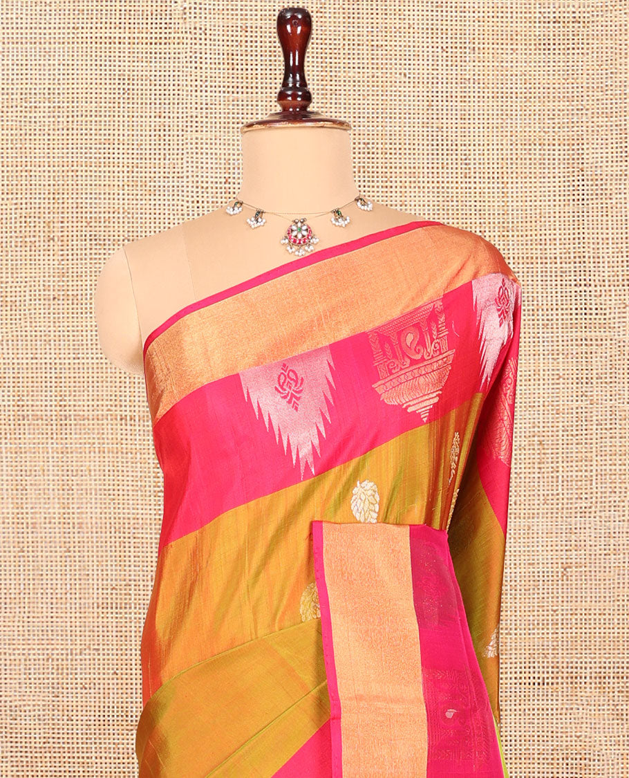 Mustard Uppada Silk Saree, Embellished with Buttas, a Contrast Temple and Gopuram Border, Pallu of Temple and Floral Designs, and a Contrast Blouse
