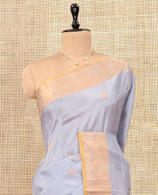 Grey Uppada Silk Saree, Subtly Sparkled with Buttas, Contrast Zari Border, Sparsely Motifs Woven Pallu, and a Contrast Blouse