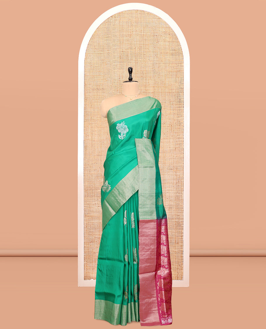 Green Semi Uppada Saree, Adorned with Hibiscus Floral Buttas, a Bavanji Border, Contrast Intricate Pallu, and a Contrast Blouse