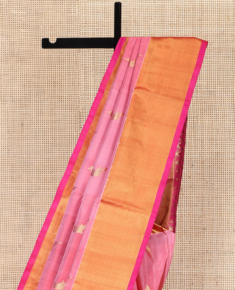 Pink Venkatagiri Silk Saree, Adorned with Parrot Zari Buttas All Over Its Body, Complemented by a Contrast Zari Border, Pallu of Intricate Designs, and Paired with a Contrast Blouse
