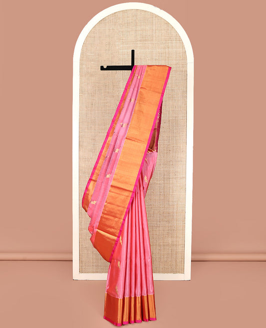 Pink Venkatagiri Silk Saree, Adorned with Parrot Zari Buttas All Over Its Body, Complemented by a Contrast Zari Border, Pallu of Intricate Designs, and Paired with a Contrast Blouse