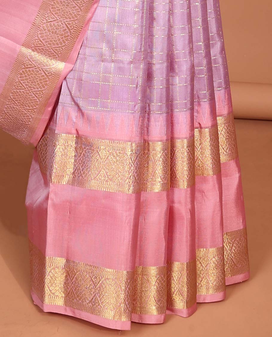 Lavender checked with chakram motifs vengatagiri pure silk saree , contrast traditional zari border & pallu ogee pattern
