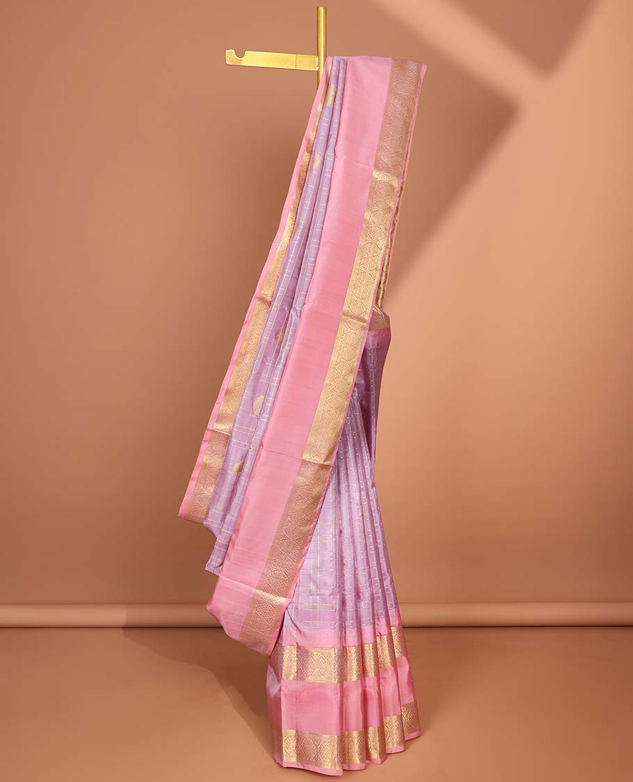 Lavender checked with chakram motifs vengatagiri pure silk saree , contrast traditional zari border & pallu ogee pattern