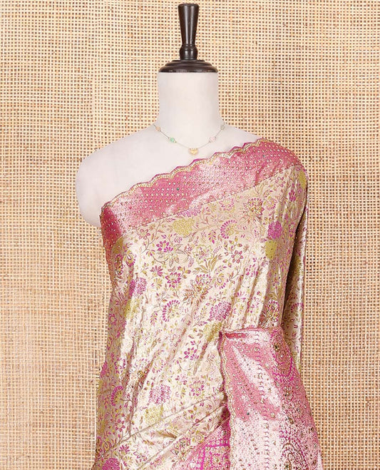 Light Sandal Vastrakala Silk Saree Adorned with Floral Meenakari Jacquard and Stonework, Complemented by Contrast Traditional Zari Design and Embroidered Scallop Border, Intricately Zari and Stone Work Pallu, and Paired with Contrast Blouse