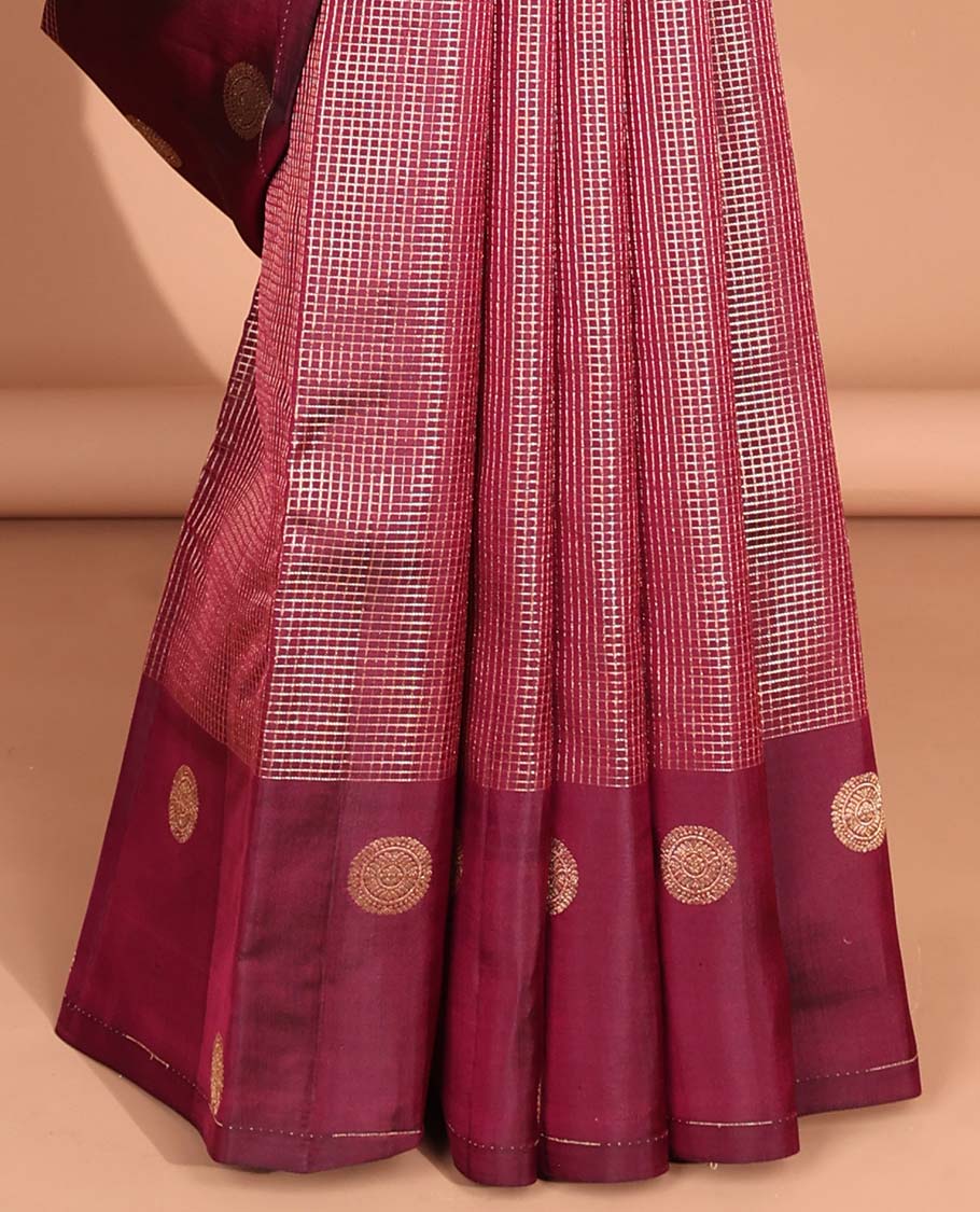 maroon checked vasundhara elite silk saree with self round buttas border & intricate zari design pallu