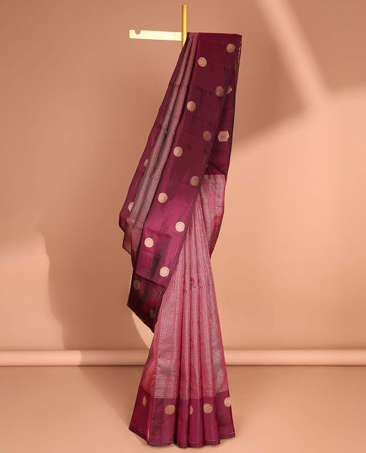 maroon checked vasundhara elite silk saree with self round buttas border & intricate zari design pallu