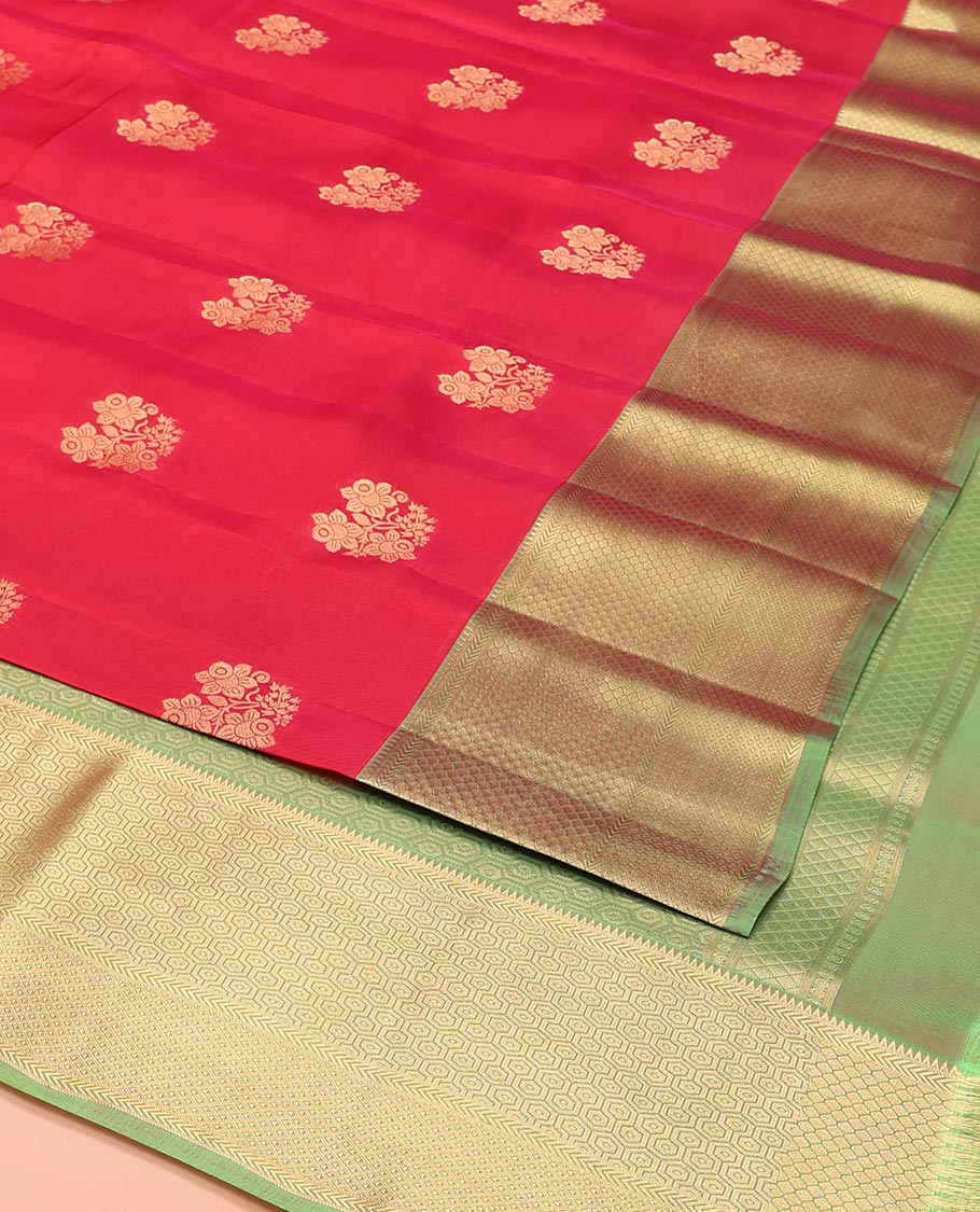 Red Vasundhara Lite-Silk Mix Saree, Prettified with Floral Zari Buttas All Over Its Body, Complemented by a Contrast Border Featuring Rekku, Kathir, Ara Maadam, and Hexagon Designs, Grand Pallu of Geometric Patterns, and Paired with a Contrast Blouse