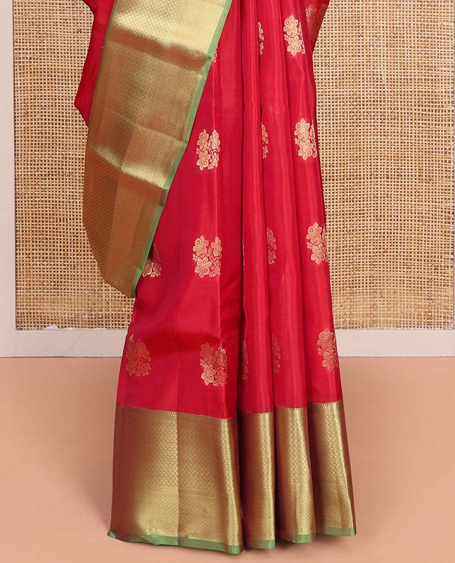 Red Vasundhara Lite-Silk Mix Saree, Prettified with Floral Zari Buttas All Over Its Body, Complemented by a Contrast Border Featuring Rekku, Kathir, Ara Maadam, and Hexagon Designs, Grand Pallu of Geometric Patterns, and Paired with a Contrast Blouse