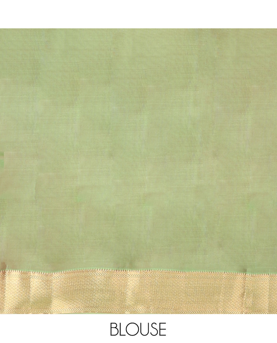 Red Vasundhara Lite-Silk Mix Saree, Prettified with Floral Zari Buttas All Over Its Body, Complemented by a Contrast Border Featuring Rekku, Kathir, Ara Maadam, and Hexagon Designs, Grand Pallu of Geometric Patterns, and Paired with a Contrast Blouse