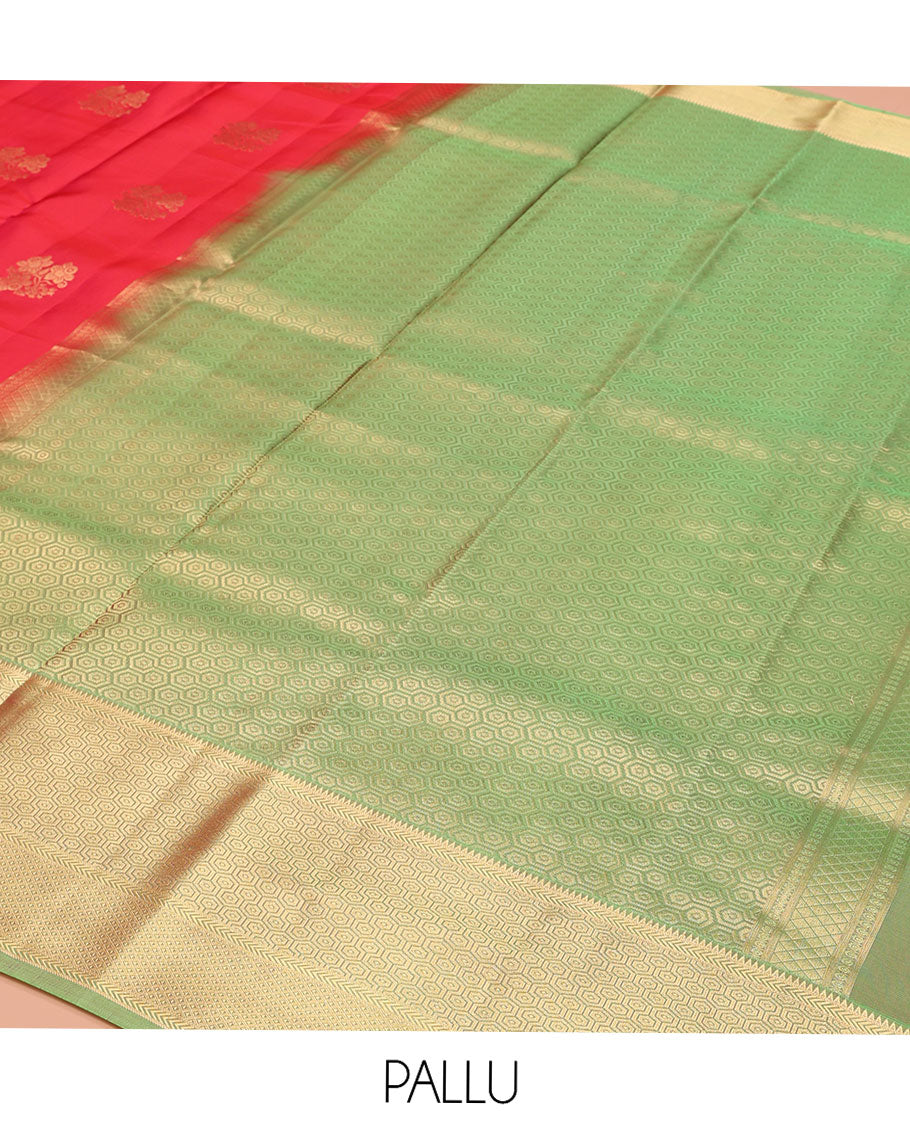 Red Vasundhara Lite-Silk Mix Saree, Prettified with Floral Zari Buttas All Over Its Body, Complemented by a Contrast Border Featuring Rekku, Kathir, Ara Maadam, and Hexagon Designs, Grand Pallu of Geometric Patterns, and Paired with a Contrast Blouse