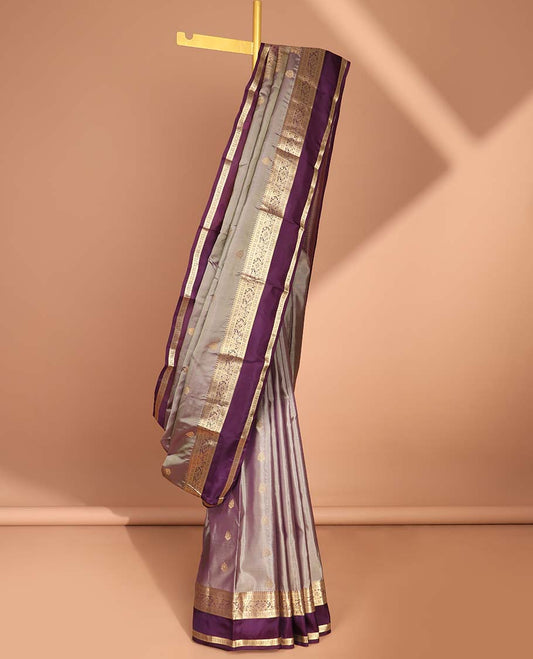 Grey floral buttas vasundhara silk mix saree with contrast traditional zari design border & striped pallu