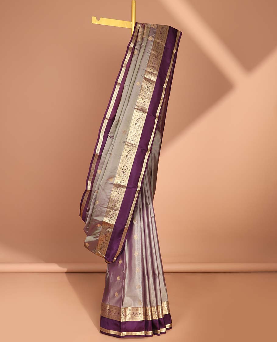 Grey floral buttas vasundhara silk mix saree with contrast traditional zari design border & striped pallu