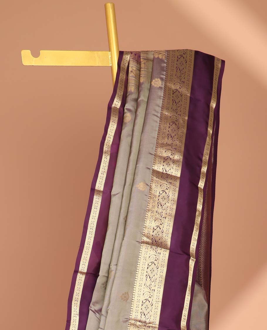 Grey floral buttas vasundhara silk mix saree with contrast traditional zari design border & striped pallu