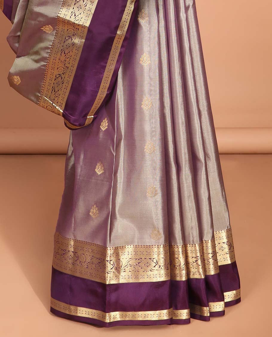 Grey floral buttas vasundhara silk mix saree with contrast traditional zari design border & striped pallu