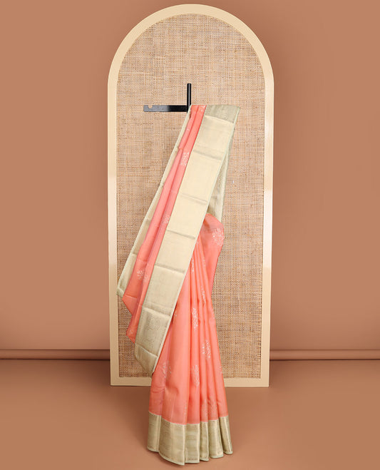 Peach buttas vasundhara elite silk saree with contrast intricate zari design border & geometric design pallu