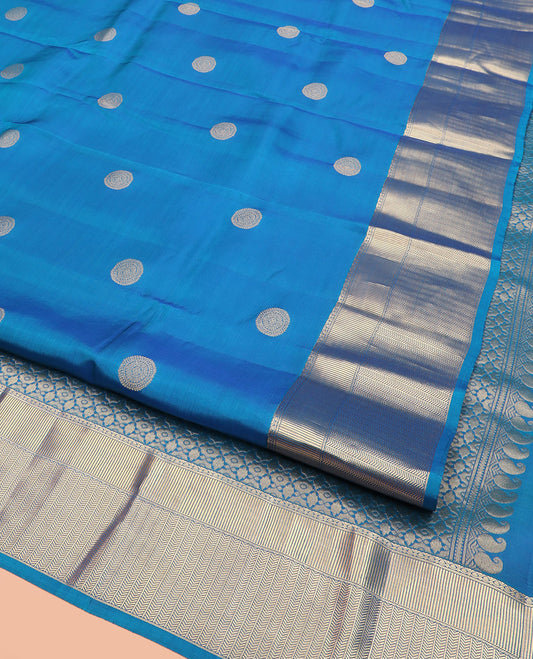 Blue Vasundhara Lite Silk Mix Saree, Accentuated with Chakram Buttas, Highlighted by Zari Border of Geometric Designs, Intricately Designed Pallu, and Paired with a Matching Blouse