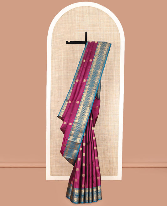 Purple Vasundhara Lite Silk Mix Saree, Embellished with Poun Buttas All Over Its Body, Complemented by a Contrast Border of Mayil, Cros Neli, Kamalam, and Chakram Designs, Elegantly Designed Pallu, and Paired with a Contrast Blouse