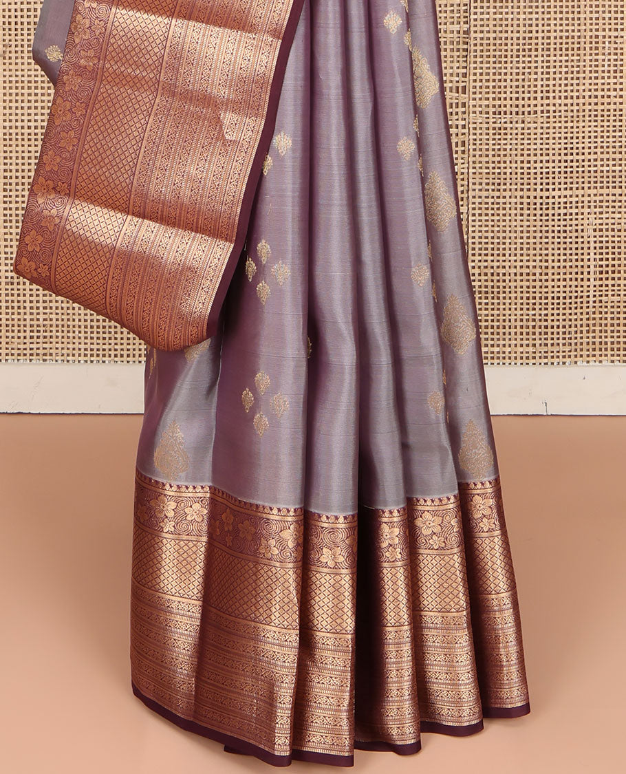 Grey Vasundhara Lite Silk Mix Saree, Elevated with a Zari Buttas on Its Body, Complemented by a Contrast Border of Manga, Jaal, Muthu, and Kodi Visiry Designs, Pallu of Jaal Designs, and Paired with a Contrast Blouse