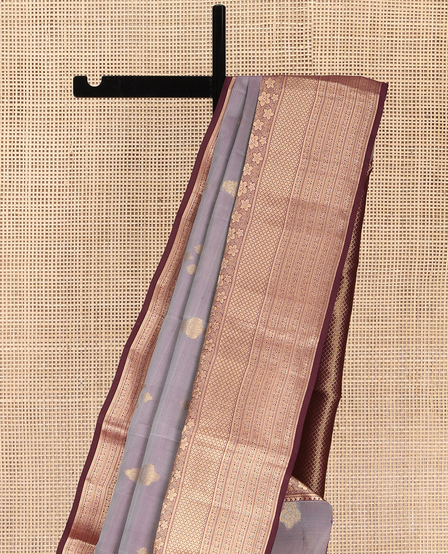 Grey Vasundhara Lite Silk Mix Saree, Elevated with a Zari Buttas on Its Body, Complemented by a Contrast Border of Manga, Jaal, Muthu, and Kodi Visiry Designs, Pallu of Jaal Designs, and Paired with a Contrast Blouse