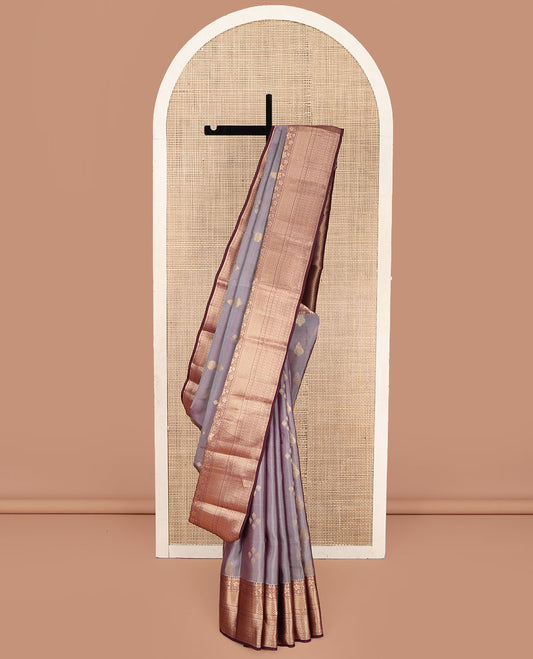 Grey Vasundhara Lite Silk Mix Saree, Elevated with a Zari Buttas on Its Body, Complemented by a Contrast Border of Manga, Jaal, Muthu, and Kodi Visiry Designs, Pallu of Jaal Designs, and Paired with a Contrast Blouse