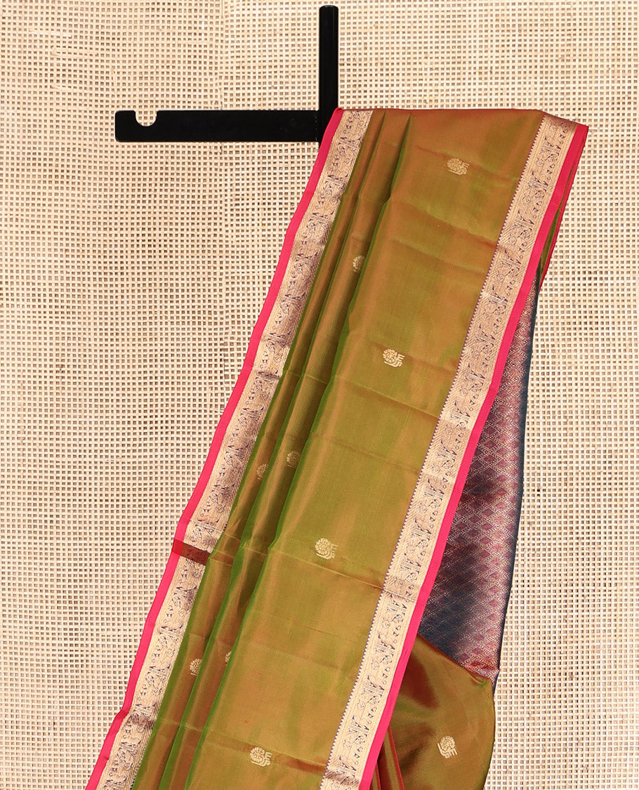 Green Vasundhara Lite Silk Mix Saree, Graced with Zari Buttas, Contrast Border of Rekku and Yaanai Designs, Jaal Pallu, and Contrast Blouse