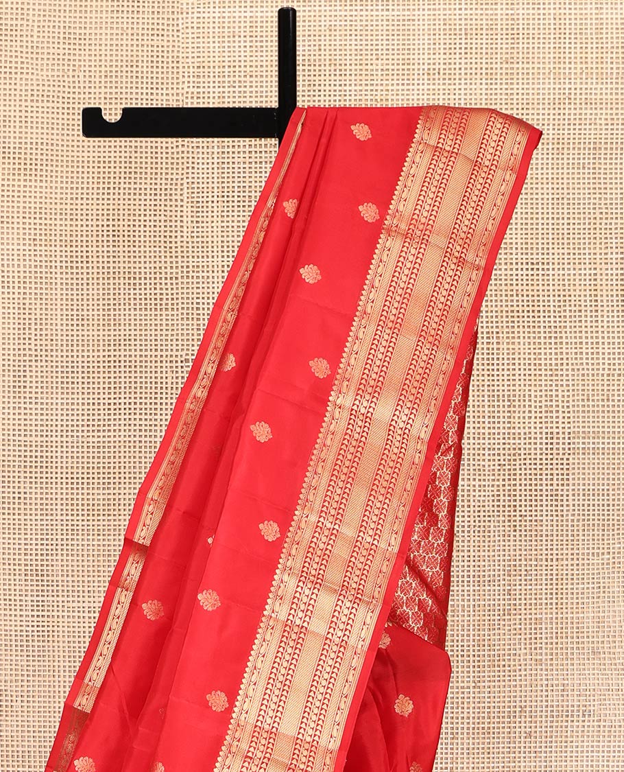 Red Vasundhara Lite-Silk Mix Saree, Delicately Woven with Zari Buttas, Highlighted by Zari Traditional Border, Intricately Designed Pallu, and a Matching Blouse