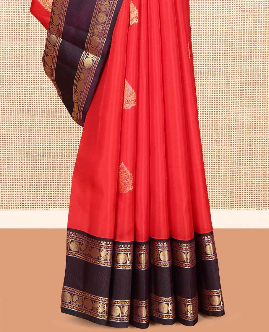 Red Vasundhara Lite Silk Mix Saree, Elevated with Zari Buttas, a Contrast Rettai Pettu Border of Salngai, Neli, Mayil, and Poun Design, Intricate Pallu, and a Contrast Blouse