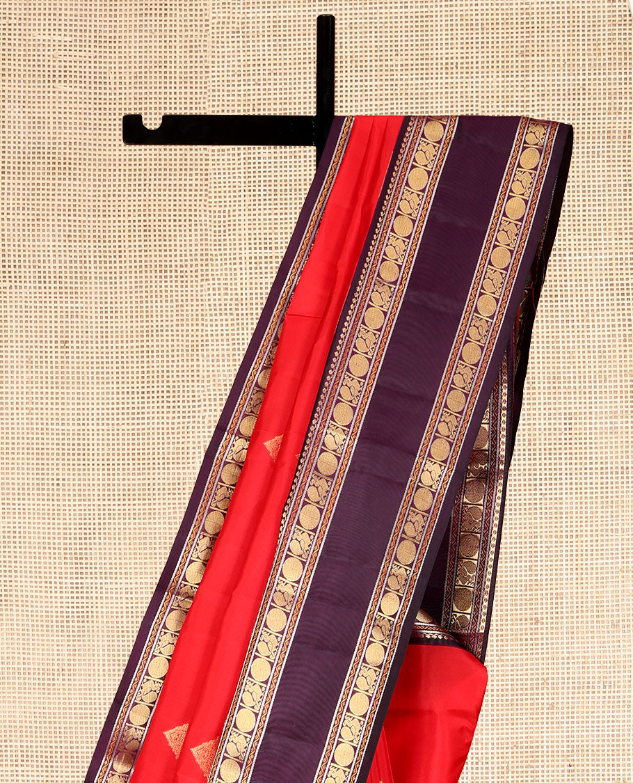Red Vasundhara Lite Silk Mix Saree, Elevated with Zari Buttas, a Contrast Rettai Pettu Border of Salngai, Neli, Mayil, and Poun Design, Intricate Pallu, and a Contrast Blouse