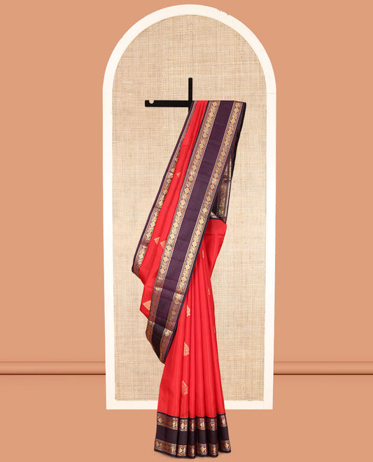 Red Vasundhara Lite Silk Mix Saree, Elevated with Zari Buttas, a Contrast Rettai Pettu Border of Salngai, Neli, Mayil, and Poun Design, Intricate Pallu, and a Contrast Blouse