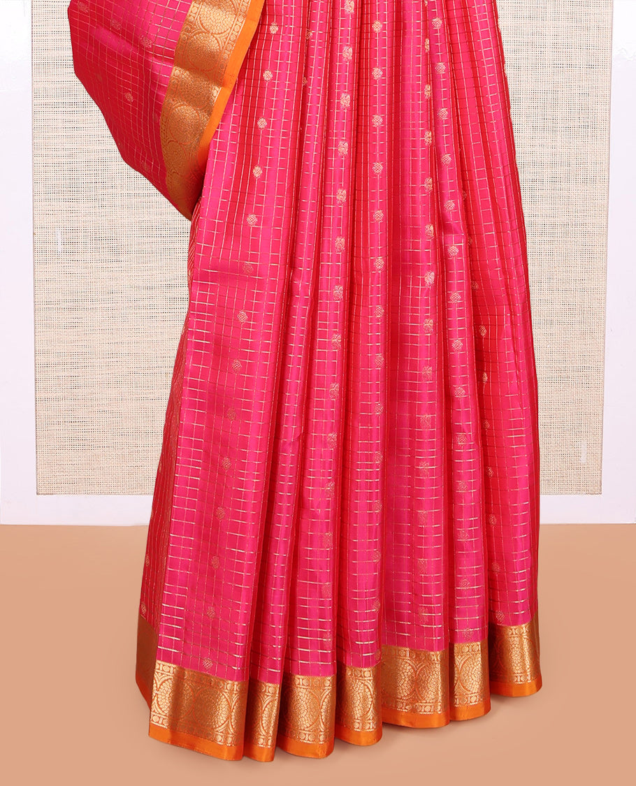 Pink Zari Buttas-Checked Vasundhara Lite Silk Mix Saree, Contrast Traditional Border, Contrast Blouse
