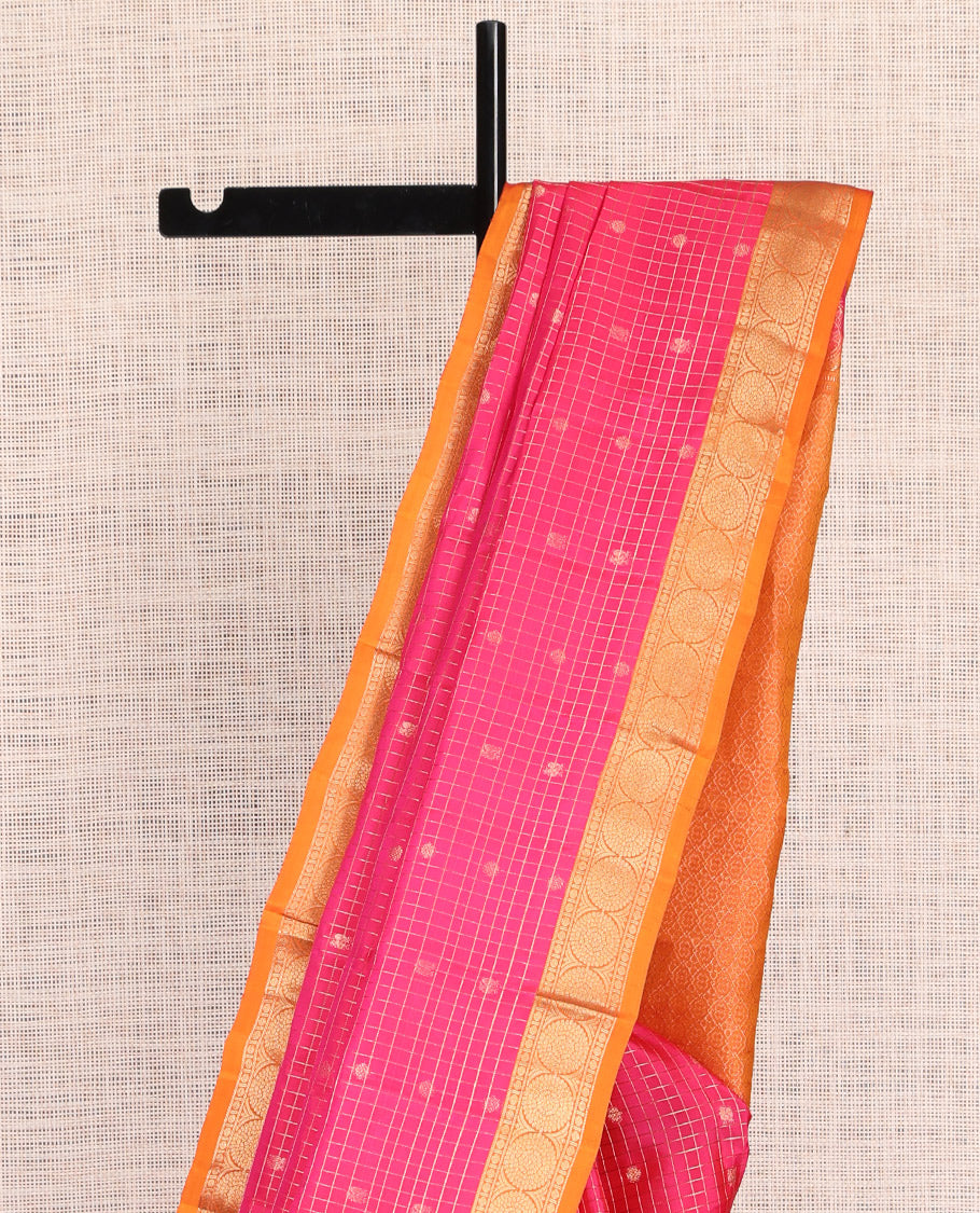 Pink Zari Buttas-Checked Vasundhara Lite Silk Mix Saree, Contrast Traditional Border, Contrast Blouse