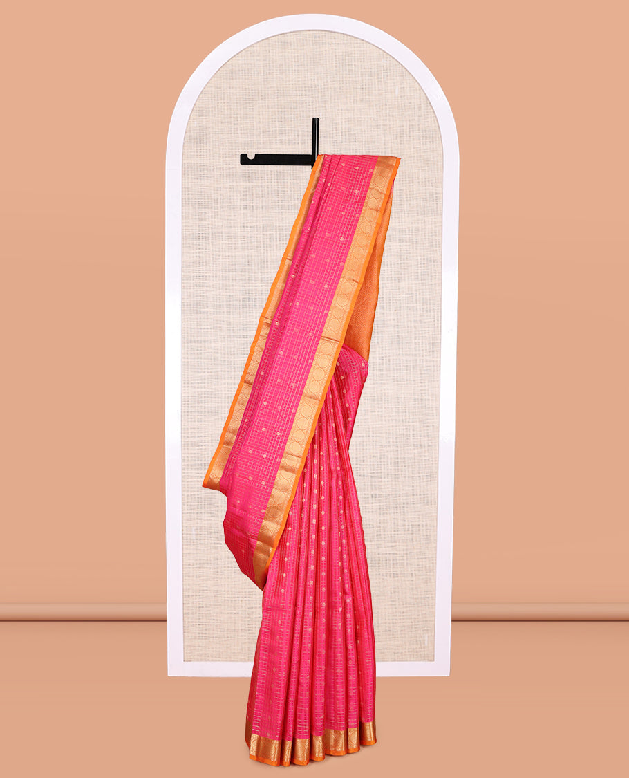 Pink Zari Buttas-Checked Vasundhara Lite Silk Mix Saree, Contrast Traditional Border, Contrast Blouse