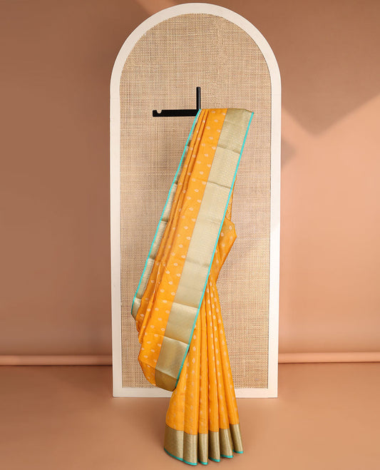 Yellow leaf buttas vasundhara elite silk saree with contrast intricate zari design & argyle design pallu
