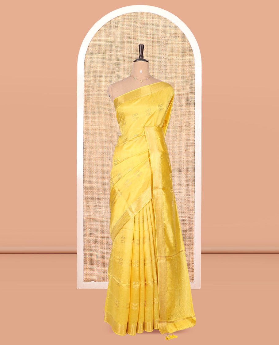 Yellow Banana Pith Saree, Subtly Sparkled with Buttas, a Zari Temple Border, Striped Pallu, and Matching Blouse