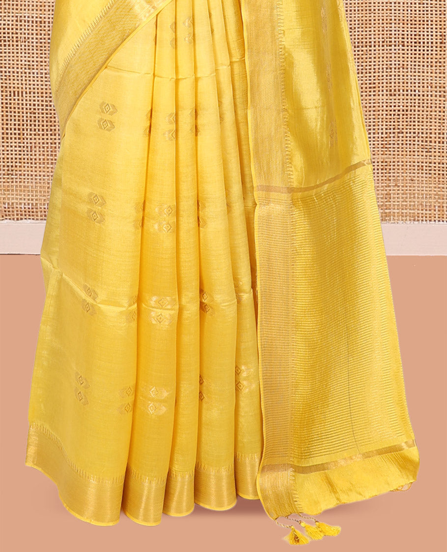 Yellow Banana Pith Saree, Subtly Sparkled with Buttas, a Zari Temple Border, Striped Pallu, and Matching Blouse