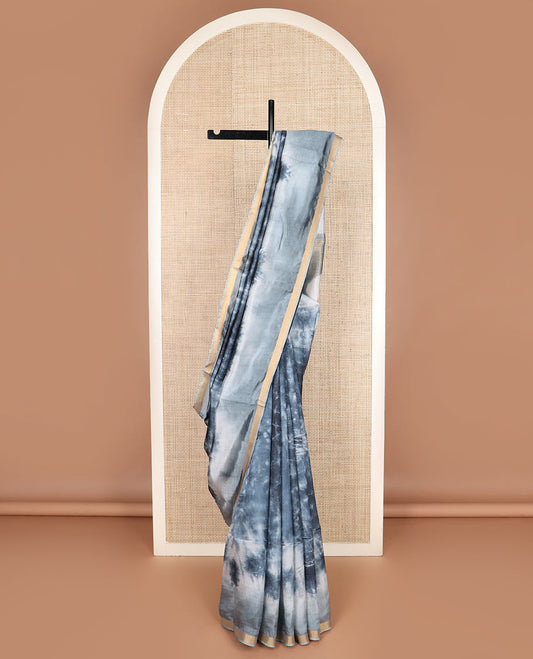 Grey shibori printed banana pith saree, piping border, and shibori printed pallu