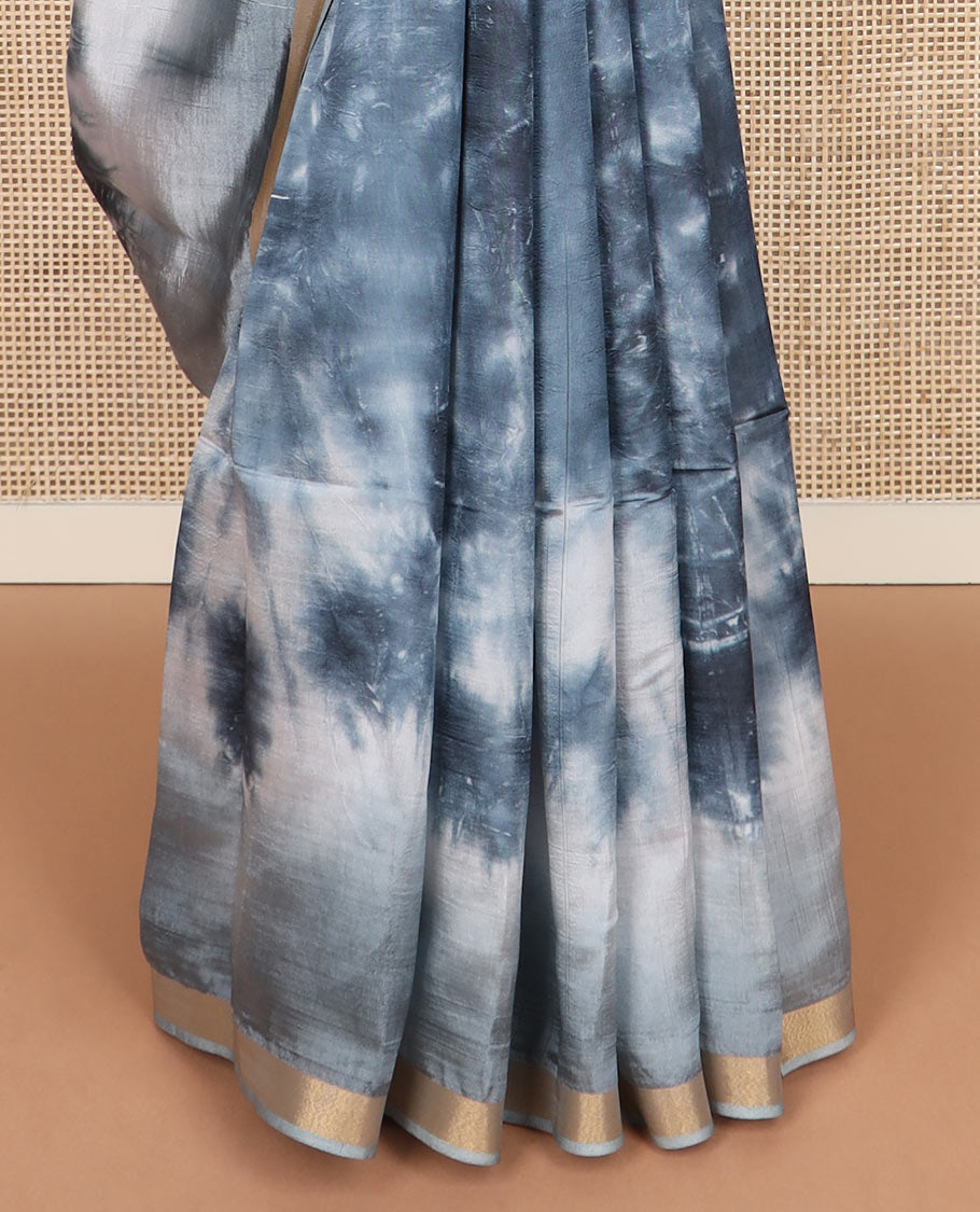 Grey shibori printed banana pith saree, piping border, and shibori printed pallu