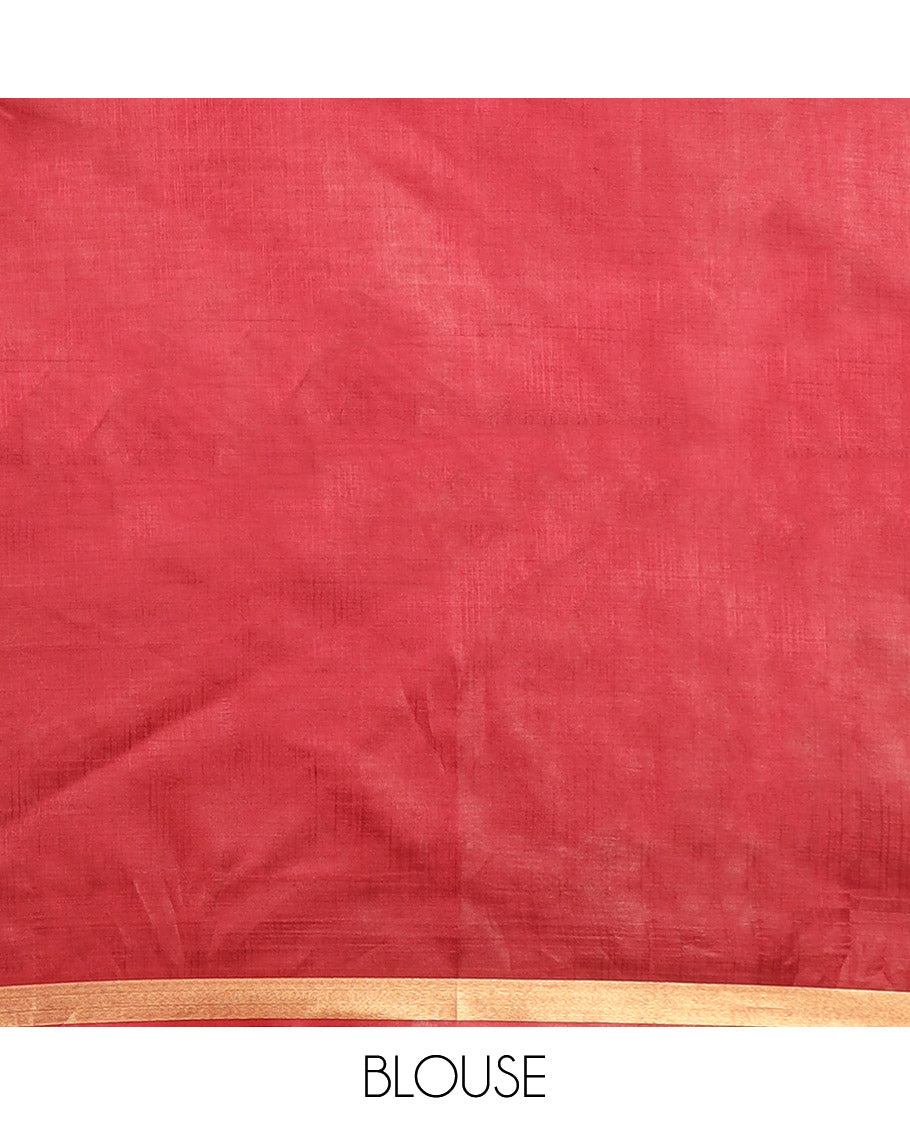 Maroon Plain Banana Pith Saree Subtly Sparkled with Zari Bavanji Border, Gleaming Zari Stripes Woven Pallu, and Paired with a Matching Plain Blouse