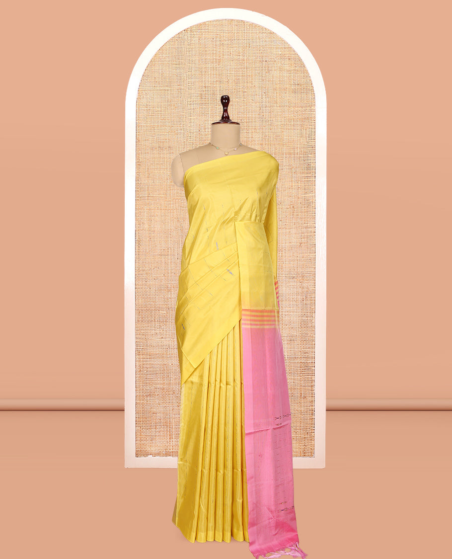 Borderless Yellow Banana Pith Saree, Woven with Buttas, a Contrast Pallu of Stripes, and a Contrast Blouse