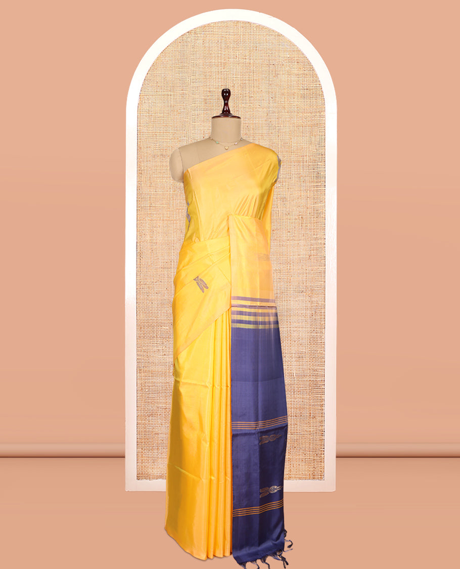 Borderless Yellow Banana Pith Saree, Subtly Woven with Buttas, a Contrast Pallu of Buttas and Stripes, and a Contrast Blouse