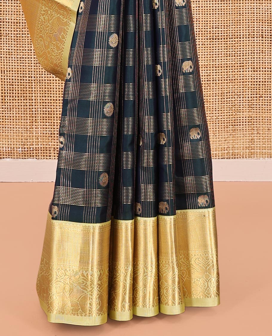 Green Vasundhara Silk Saree, Enriched with Zari Butta Enclosed Checked All Over Its Body, Complemented by a Contrast Border of Yaanai Designs, Intricately Designed Pallu, and Paired with a Contrast Blouse