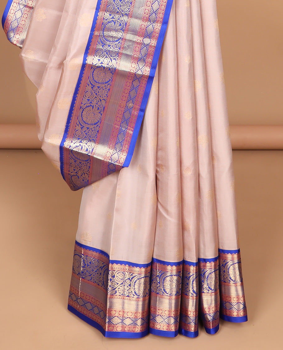 Baby pink buttas silk saree with contrast border of rekku, banaras , muthu, kodi visiry, paun designs & zari design pallu