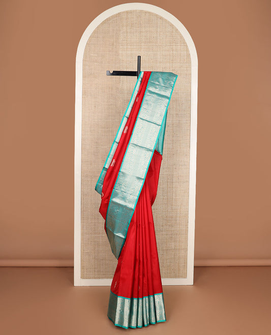Red zari buttas silk saree, contrast border of thilakam mokku,rudraksham,kodi visiry & mayil kann & jaal pallu